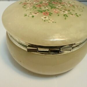 Vintage Alabaster Cream Floral Round Trinket Box with Hinged Lid